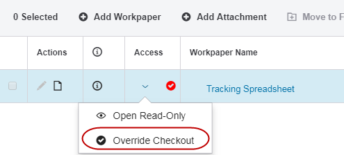 Screen capture showing the option Override Checkout for unchanged workpapers.